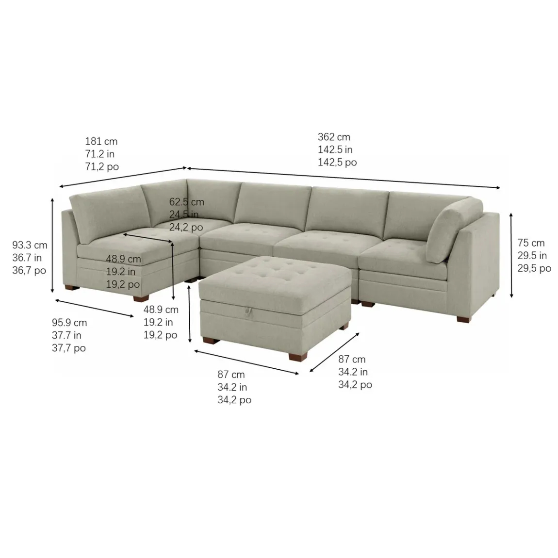 Thomasville Tisdale Modular Sectional 6-piece Beige/Gray with Storage Ottoman - Online Shop