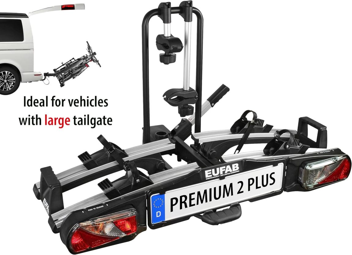 EUFAB 11523 Premium 2 Plus Bicycle Carrier.Suitable for E-Bikes.Large Tailgates.Fully Pre-Assembled.Anti-Theft Protection.for 2 Bicycles.for Trailer Coupling.Black/Grey.W x H x D Approx. 115 x - Online Shop
