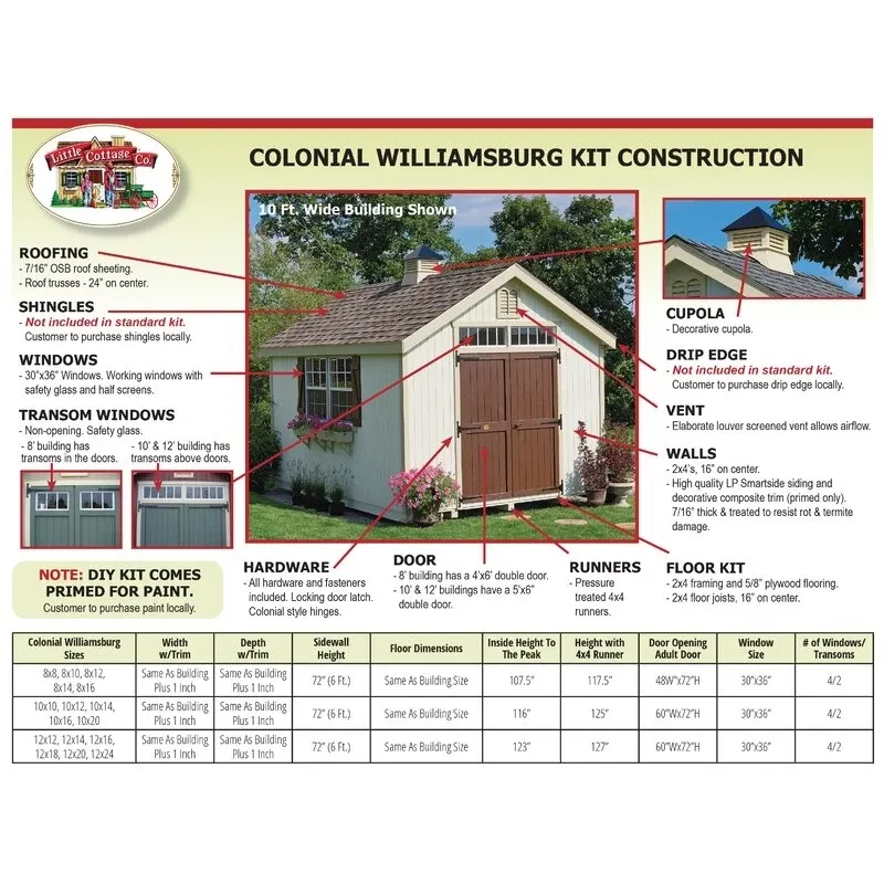 Colonial Williamsburg 10' wide x 16' deep solid an