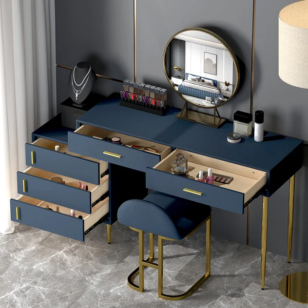 Modern Blue Makeup Vanity Set Retracted Dressing Table Cabinet&Stool&Mirror Included - Online Shop