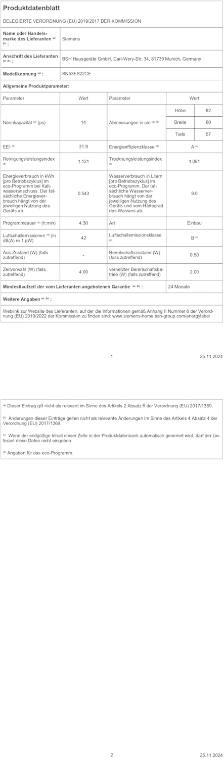 Siemens SN53ES22CE, iQ300, Smarter Geschirrspüler Teilintegriert 60 cm