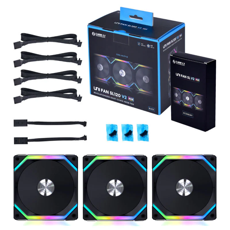 Lian Li UNI FAN SL V2 120 RGB-PWM-Lüfter. 3er-Pack. Schwarz – 120 mm. 28 mm Rahmen