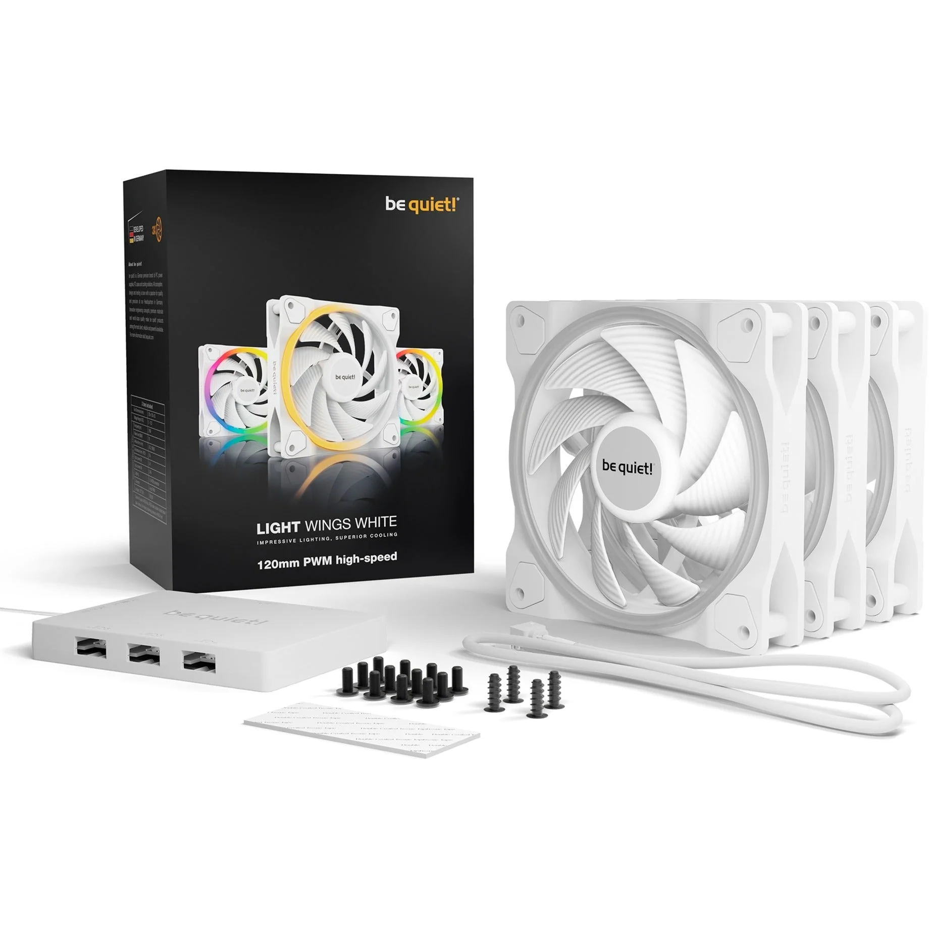 be quiet! Light Wings White 120mm PWM high-speed triple pack. case fan (white. pack of 3. incl. ARGB hub)