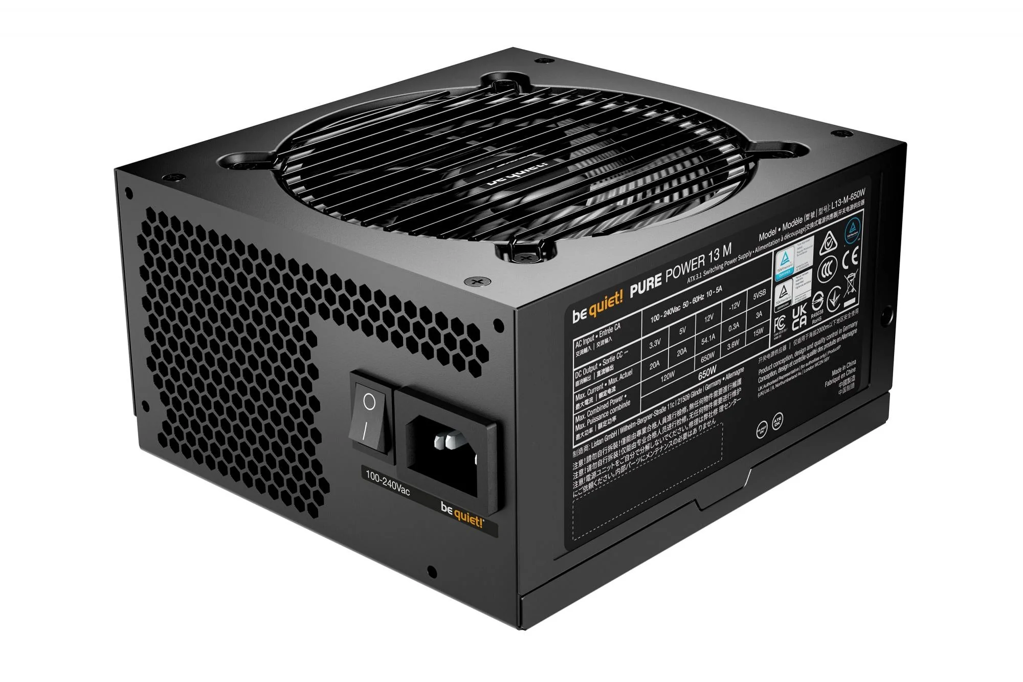be quiet! Pure Power 13 M 650W. PC power supply black. 1x 12-pin high power GPU. 2x PCIe. cable management. 650 watts
