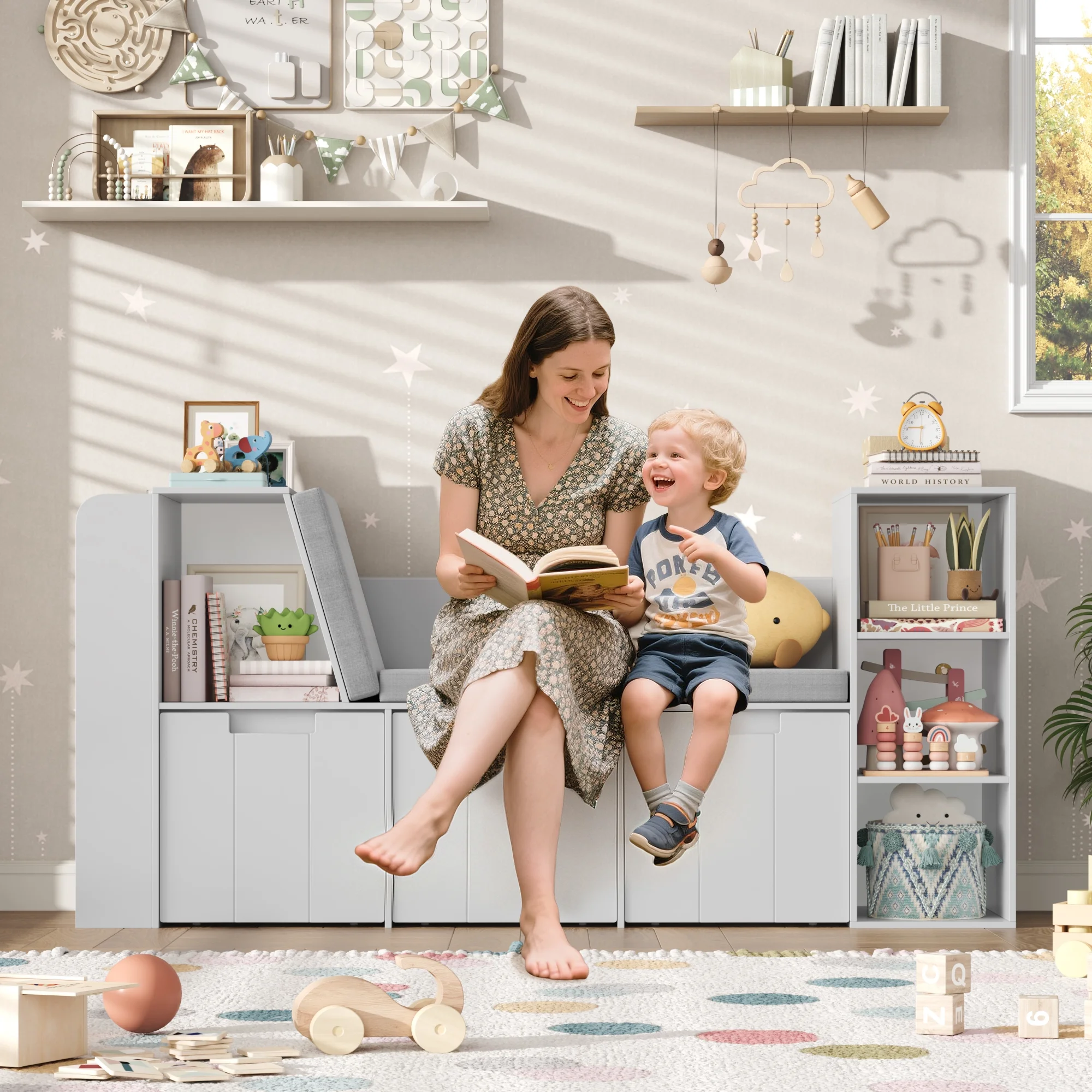 Homfa 4-in-1 Kids Toy Storage Cabinet, Bookshelf with 3 Drawers, Sturdy Toy Organizer with Reading Nook for Kids Room Playroom, Gray