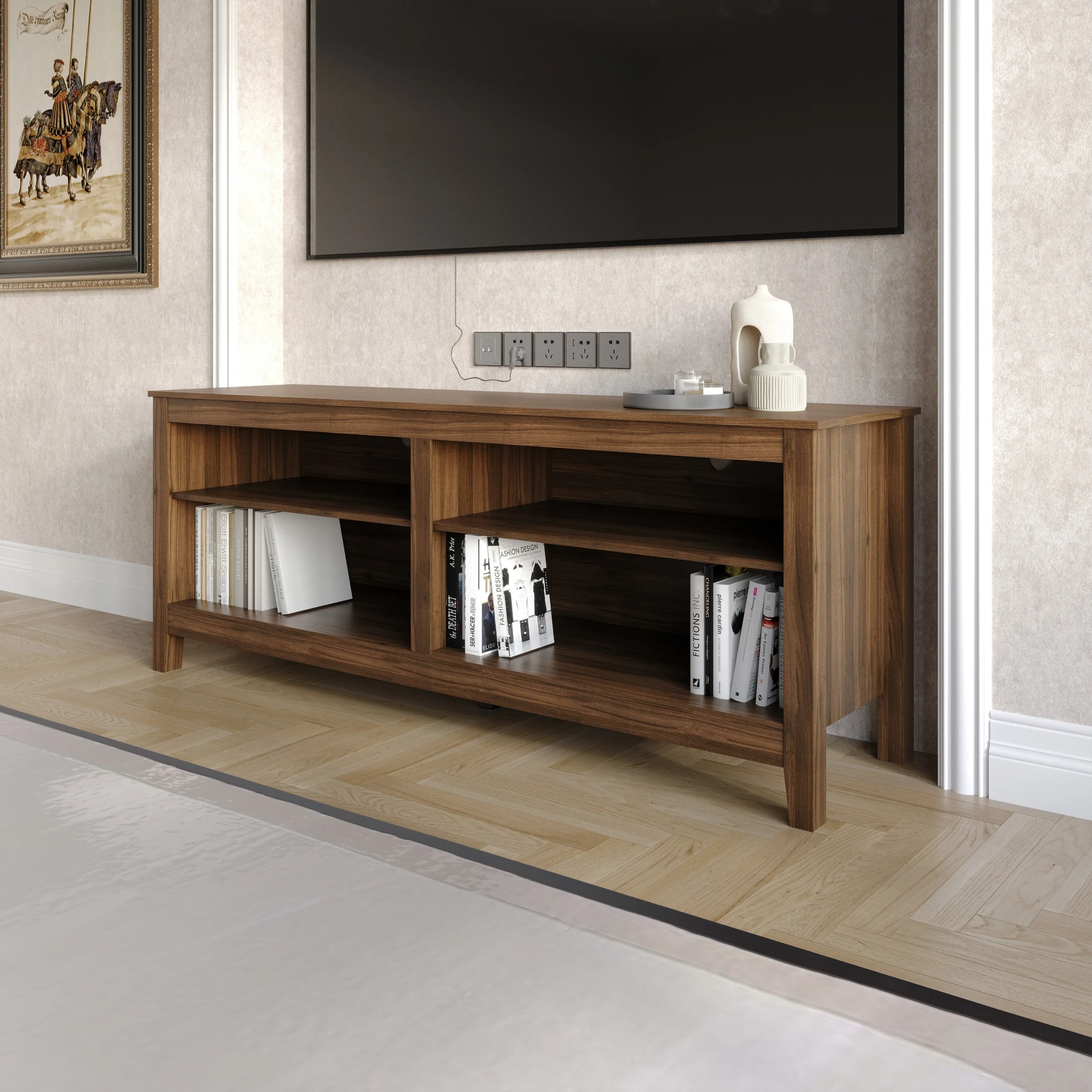 Home Design Kittery TV Stand with Open Shelves and Cable Management, Sturdy Legs, Modern Design for Living Room, Brown Finish