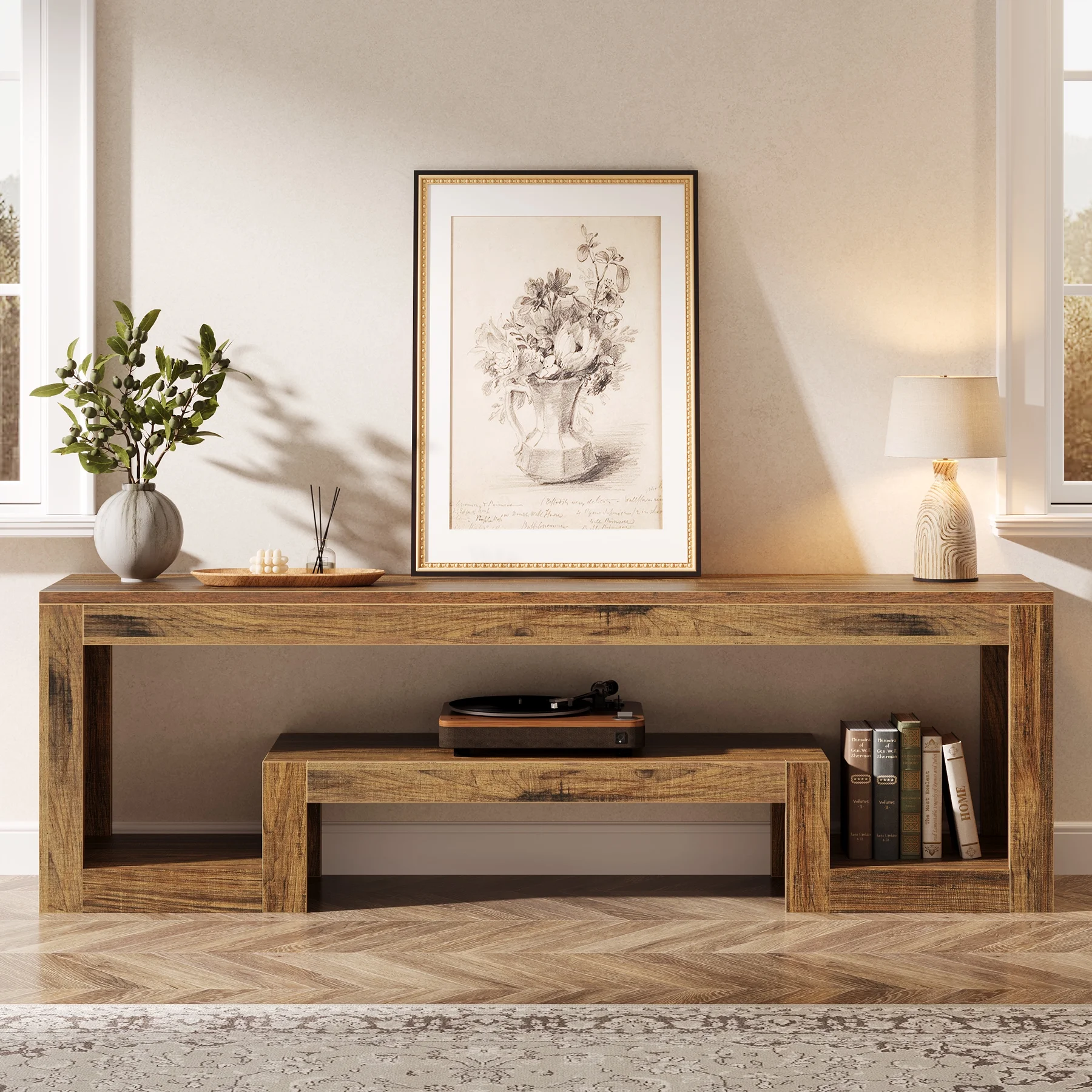 Tribesigns 63-Inch TV Stand for 55/60/65-Inch TVs, Farmhouse Entertainment Center with Open Storage Shelves, Rustic Brown Television Console for Living Room, Bedroom