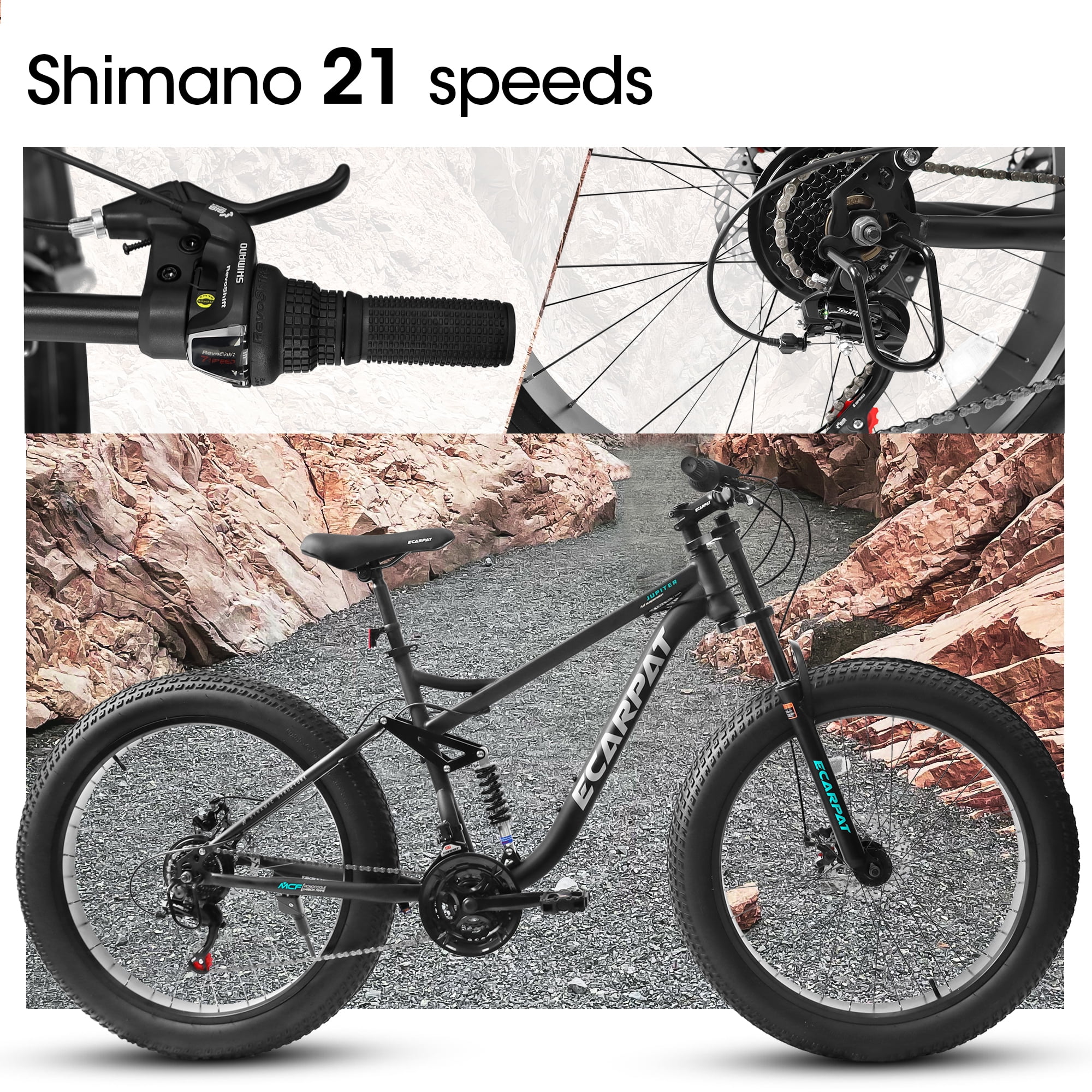 Coowa A26309 26 Inch Full Suspension Mountain Bike for Men, 21-Speed Shimano Gears, 4-Inch Fat Tires, Steel Frame, Disc Brakes, Black, Designed for Snow and Trail Cycling