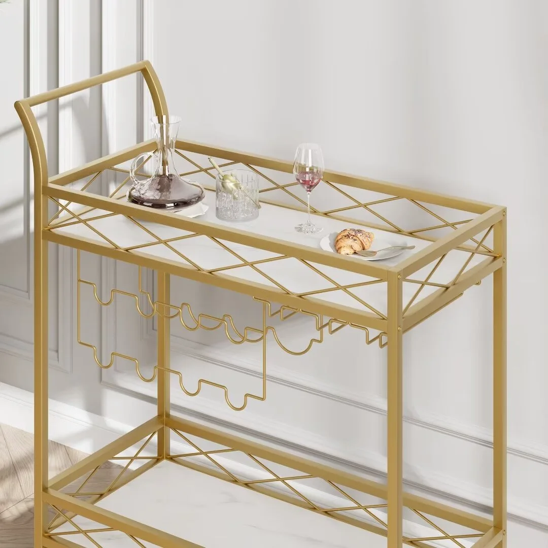 Gold Bar Cart for the Home, 2 Tier Bar Carts with Wheels & Wine Rack & Glass Holder for Living Room, Dining Room