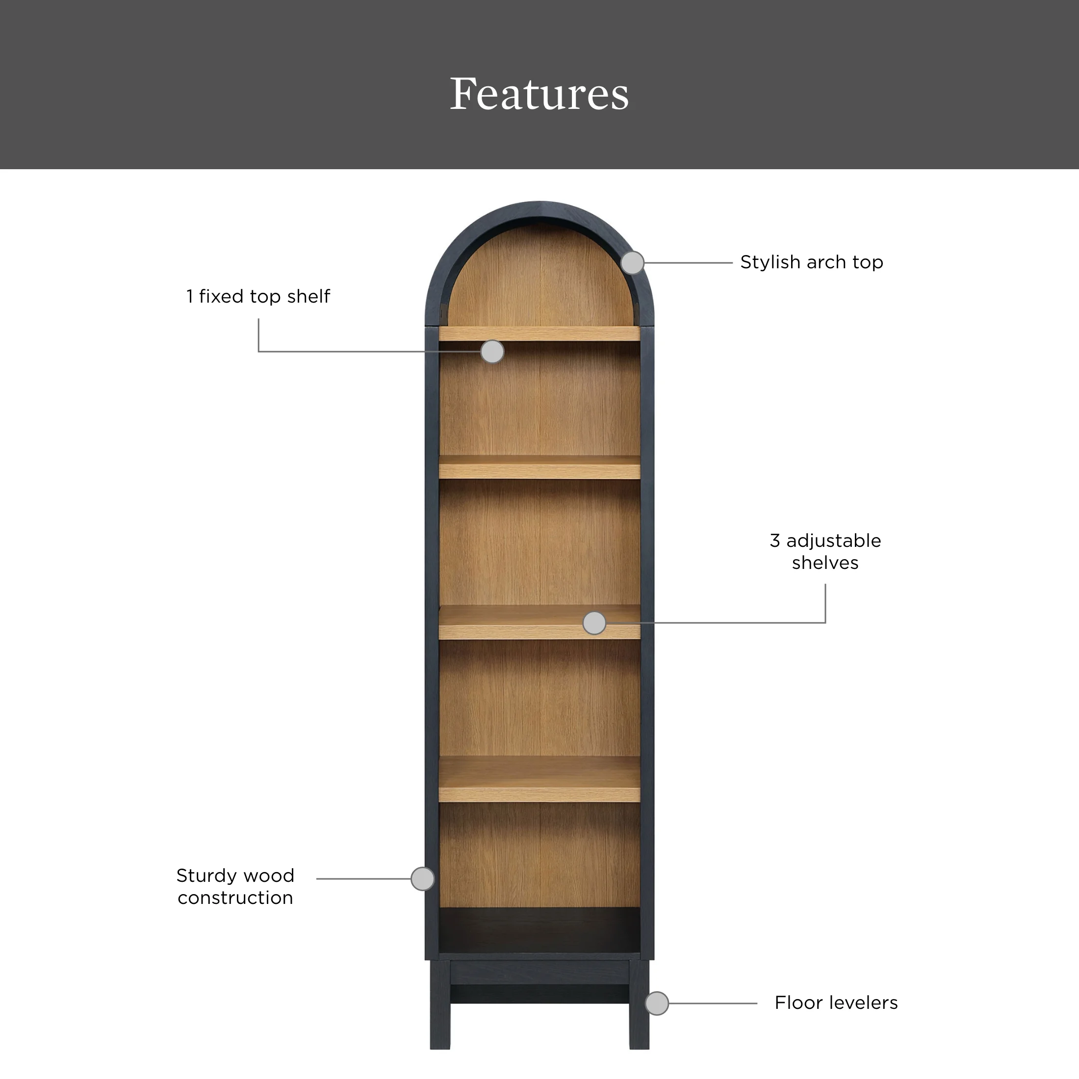 Better Homes & Gardens Juliet Narrow Arch Bookcase, Rich Black and Light Honey
