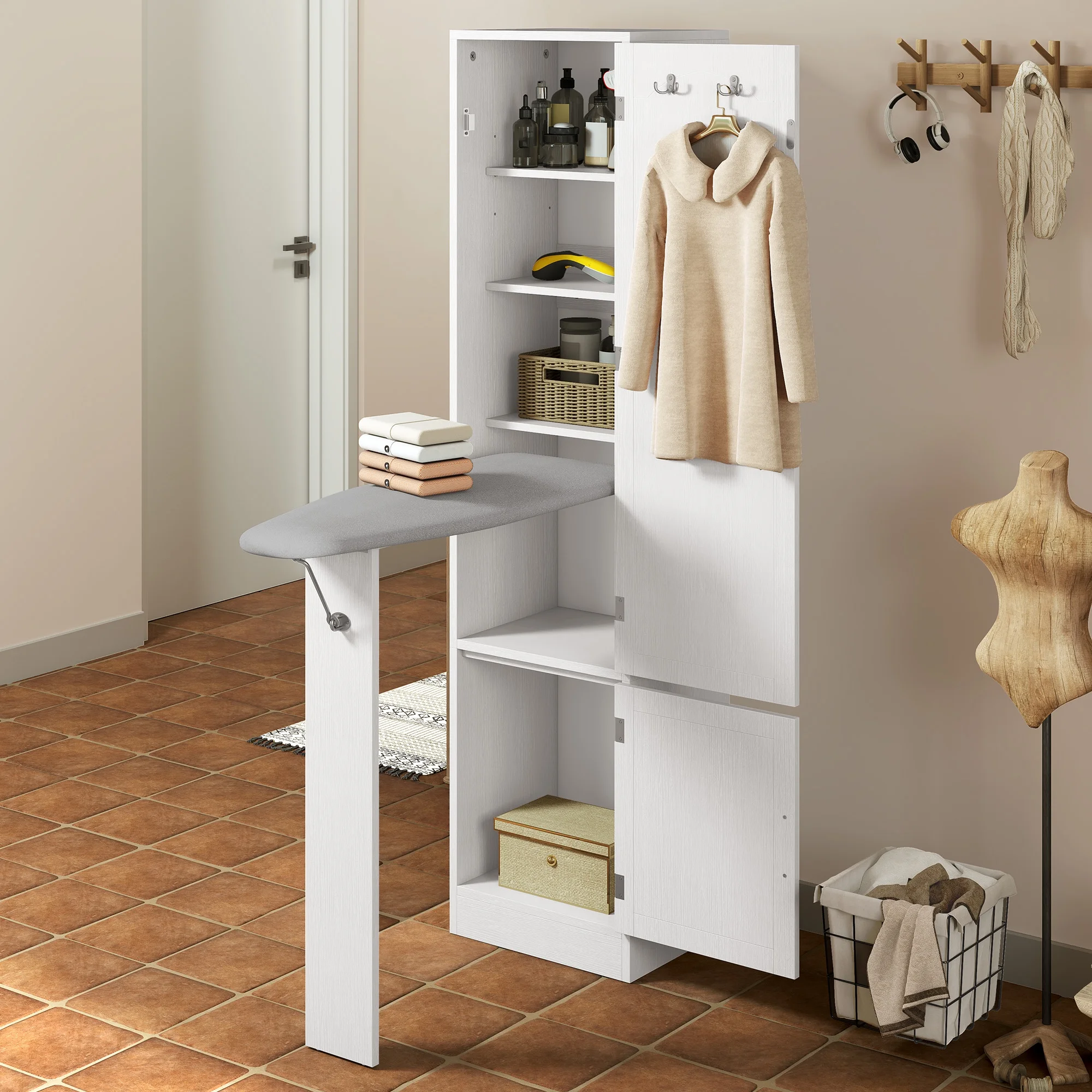 Uforic Ironing Board with Storage Cabinet, Ironing Board Cabinet, Foldable Ironing Board with Support Leg, White