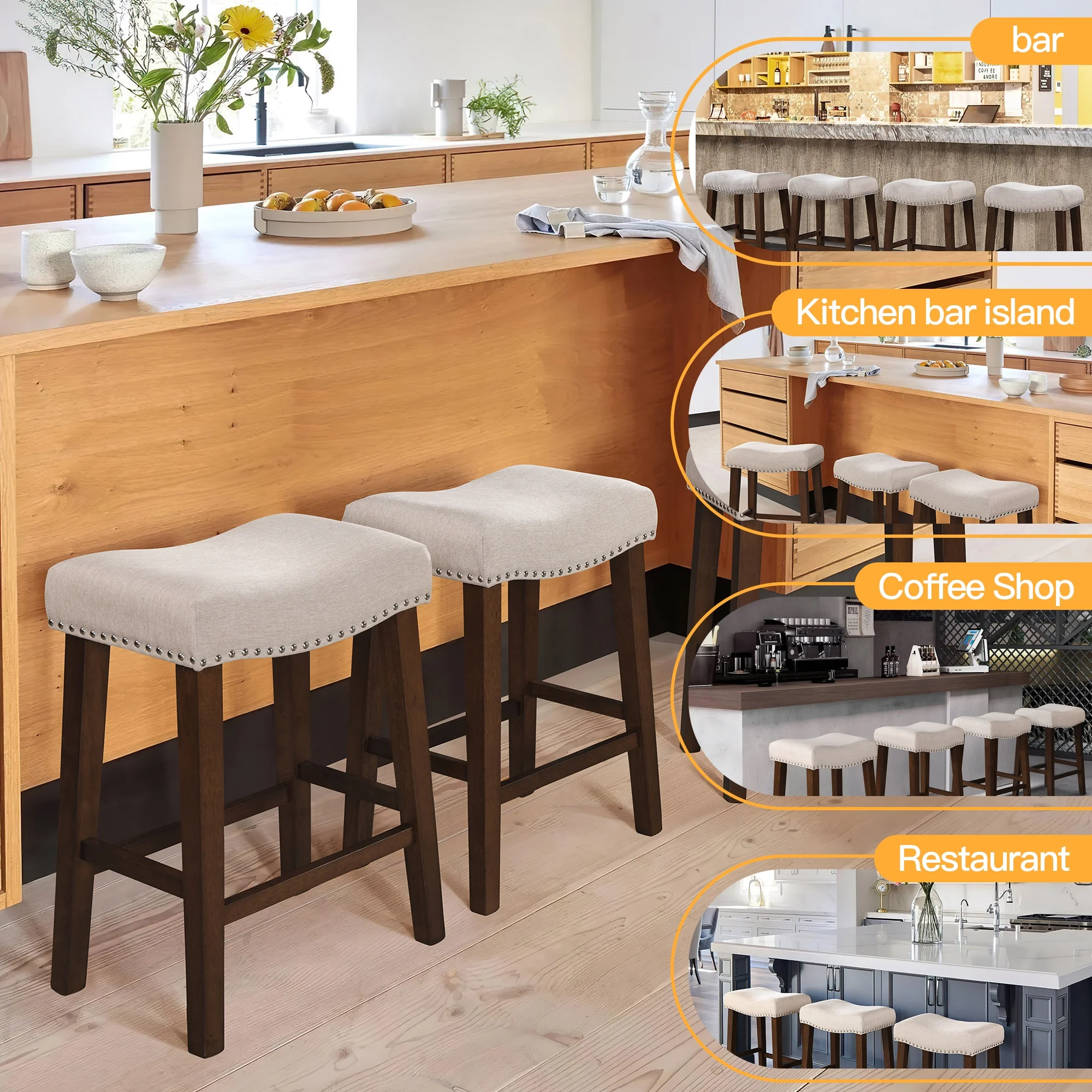 24 Inch Counter Height Bar Stools Set of 2 Saddle Barstools for Kitchen Island, Kitchen Stools with Nailhead Trim, Beige