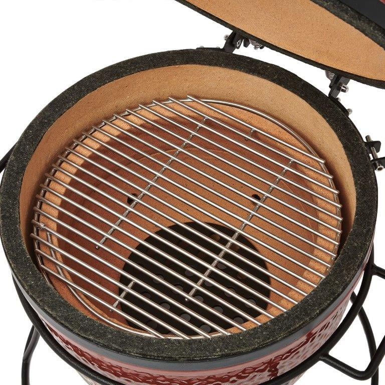 Jr. 13.5 in. Portable Charcoal Grill in Red with Cast Iron Cart, Heat Deflectors and Ash Tool