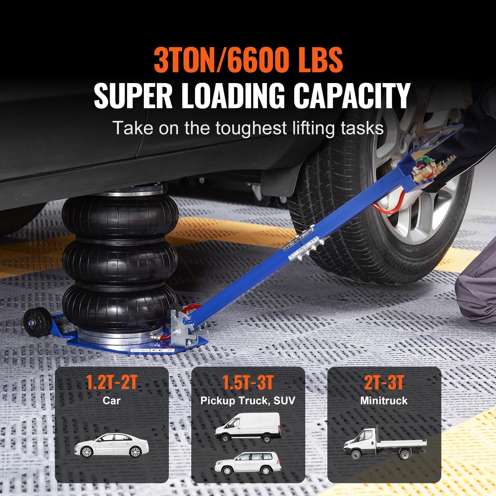 KFFKFF Air Jack, 3 Ton/6600 lbs Three Bag Air Jack, Air Bag Jack with Six Steel Tubes, Lift to 17.7 Inch, 3-5 Seconds Quick Lift Air Jack with Adjustable Long Handle, Suitable for Car, Garage