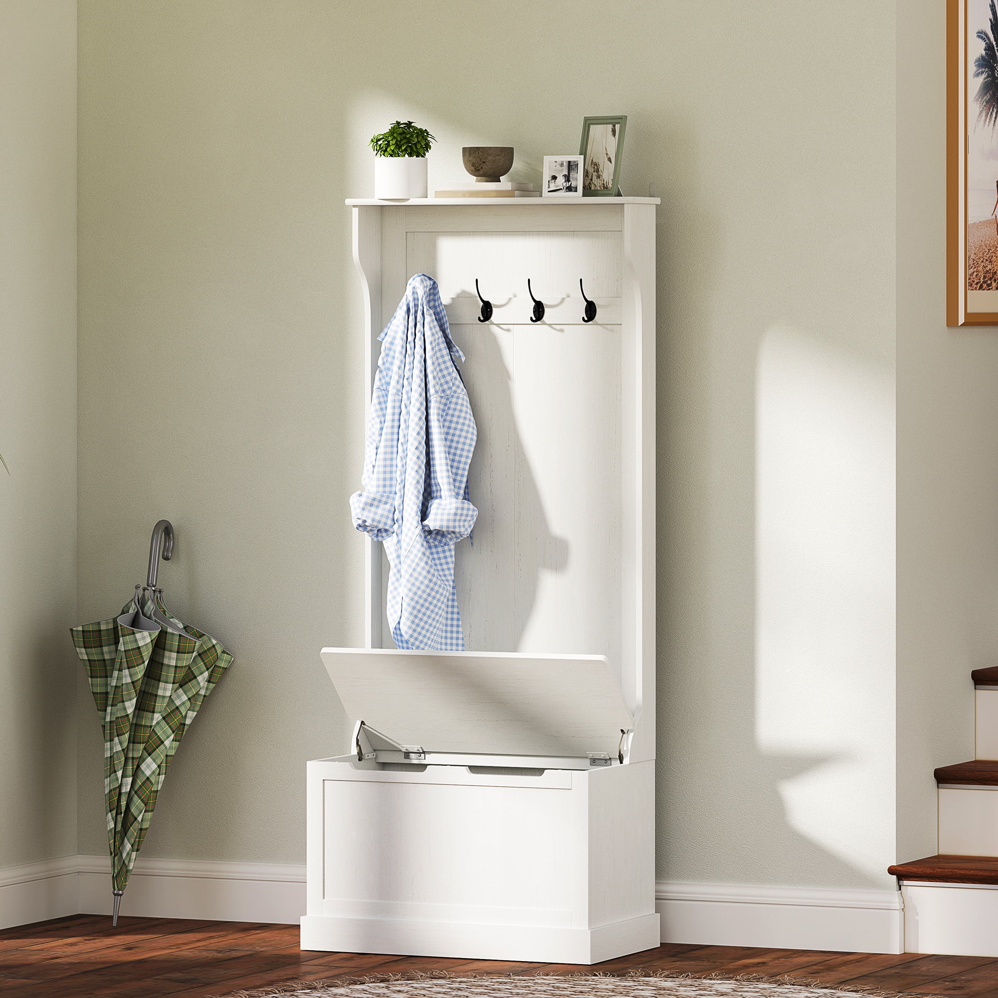 HOMCOM Hall Tree with Coat Rack, Storage and Sitting Bench, Cream White