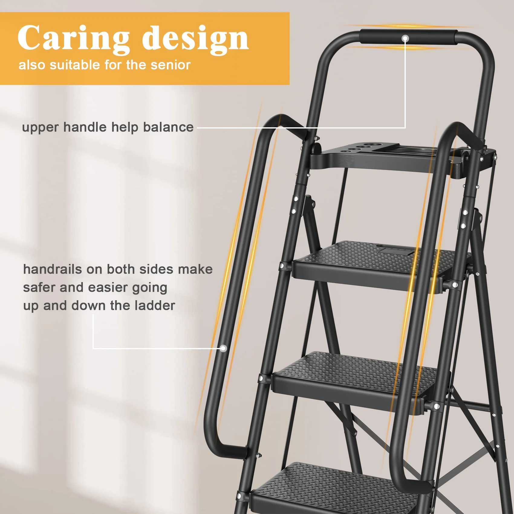 JOZ 5-Step Ladder, 350lbs Portable Folding Ladders for Home, with Handrails and Tool Tray and Anti-Slip Pedal, Black