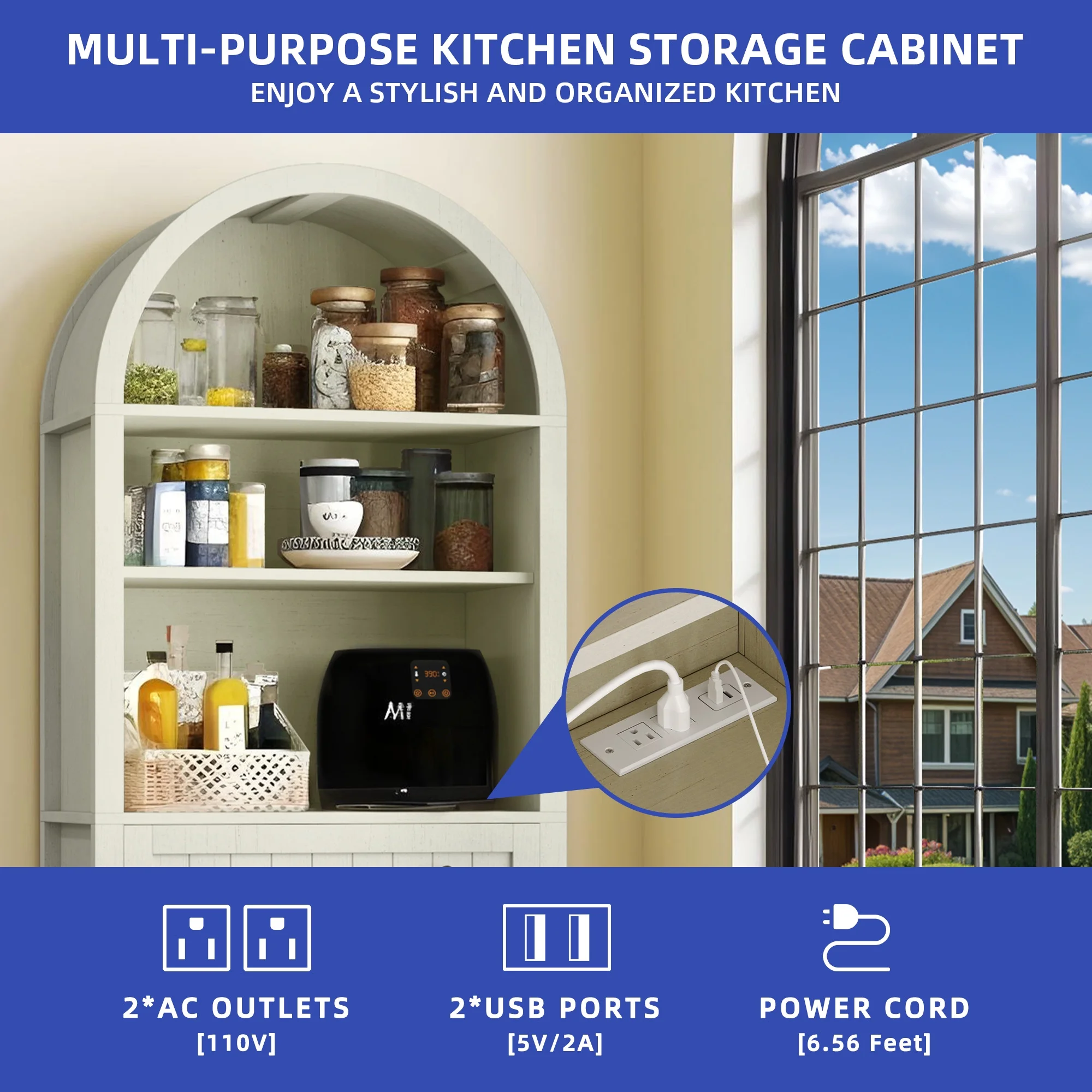 ModFusion 73-Inch Tall Rounded Arch Pantry Cabinet with Charging Station, Drawer, Spice Racks, Farmhouse Buffet, Microwave Stand, Brown Oak Wood