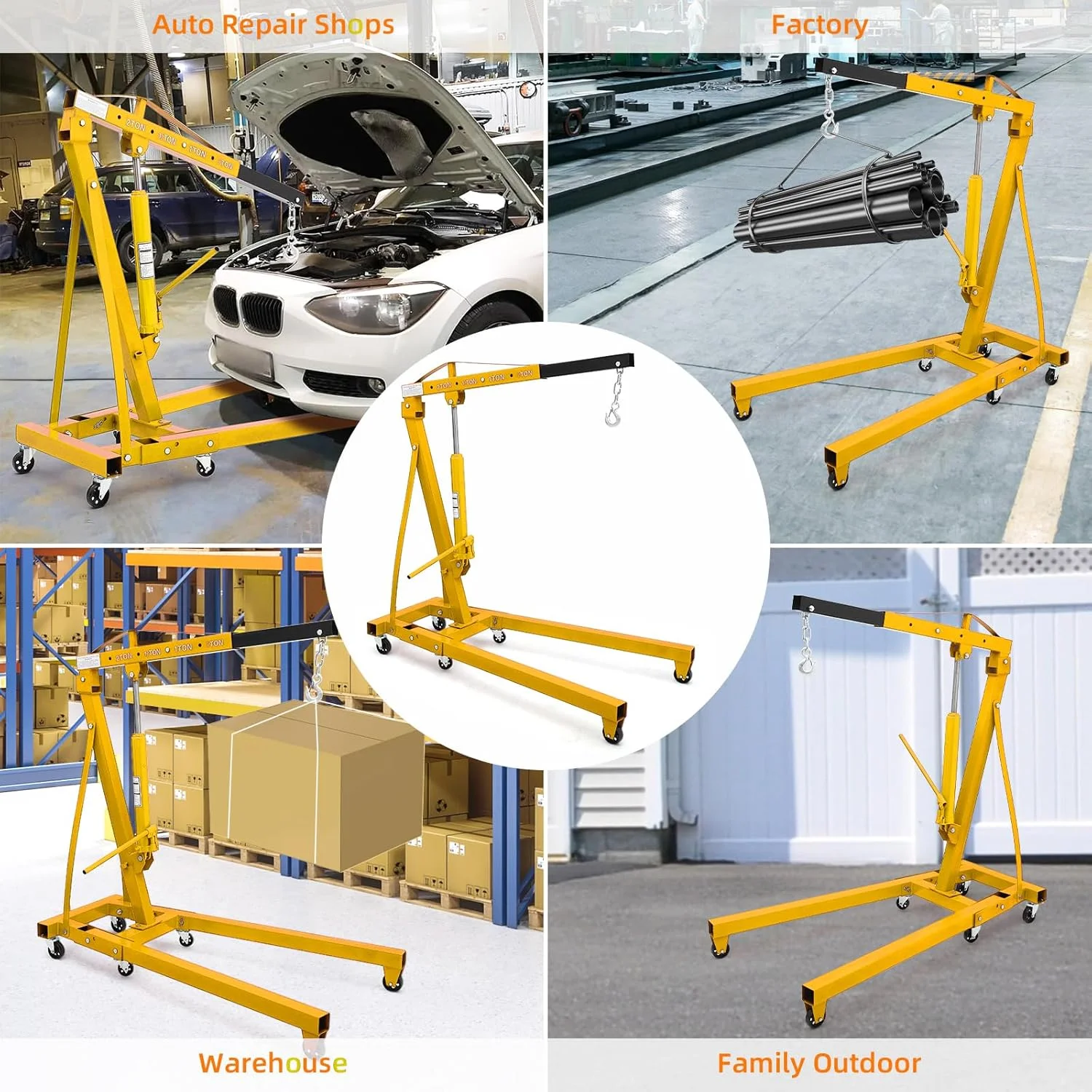 JoanKaren 2 Ton Folding Hydraulic Engine Hoist,Heavy-Duty Engine Shop Crane Hoist Lift,Heavy Cherry Picker with 6 Wheels,Yellow
