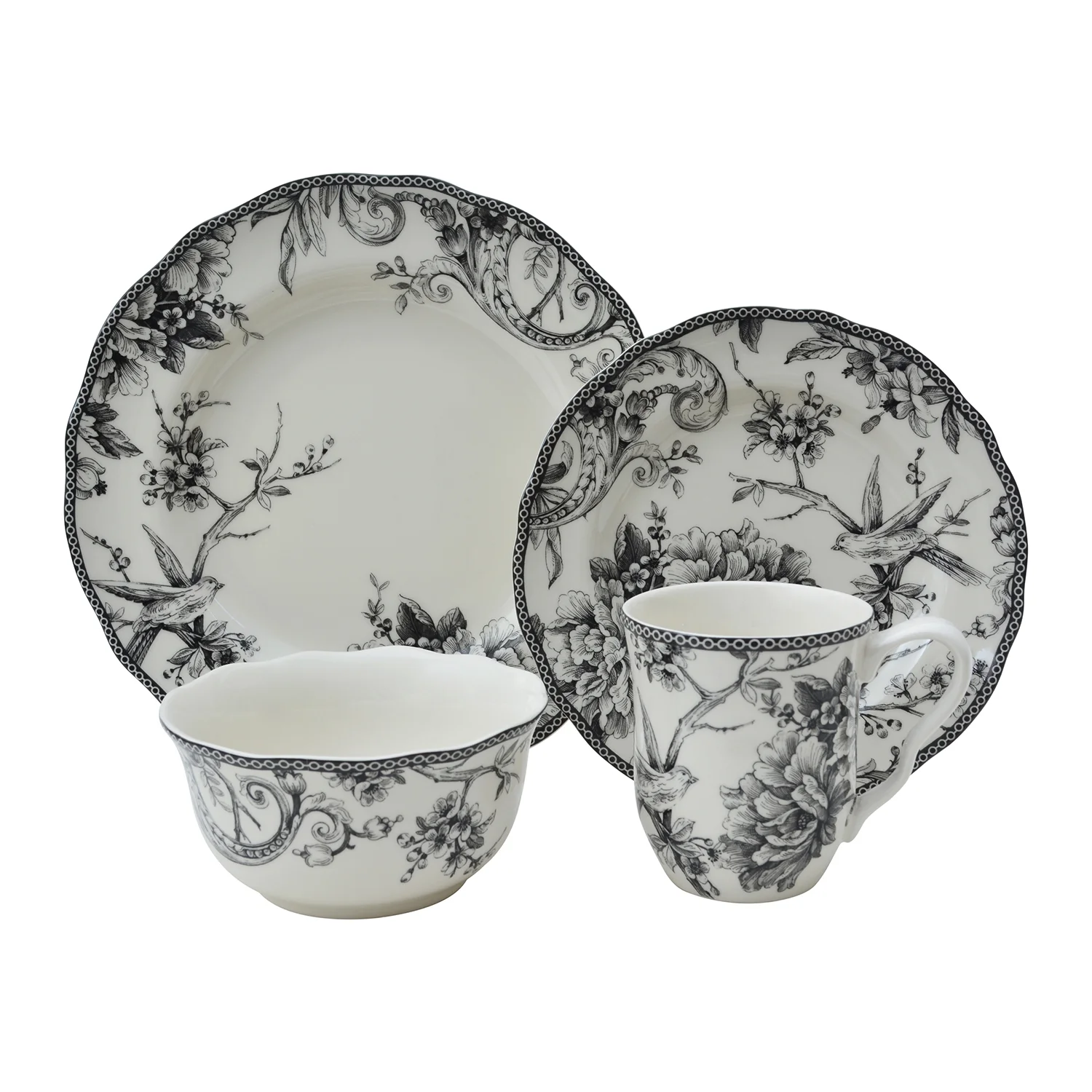 222 Fifth Adelaide Round 16-Piece Porcelain Dinnerware Set, Black Toile