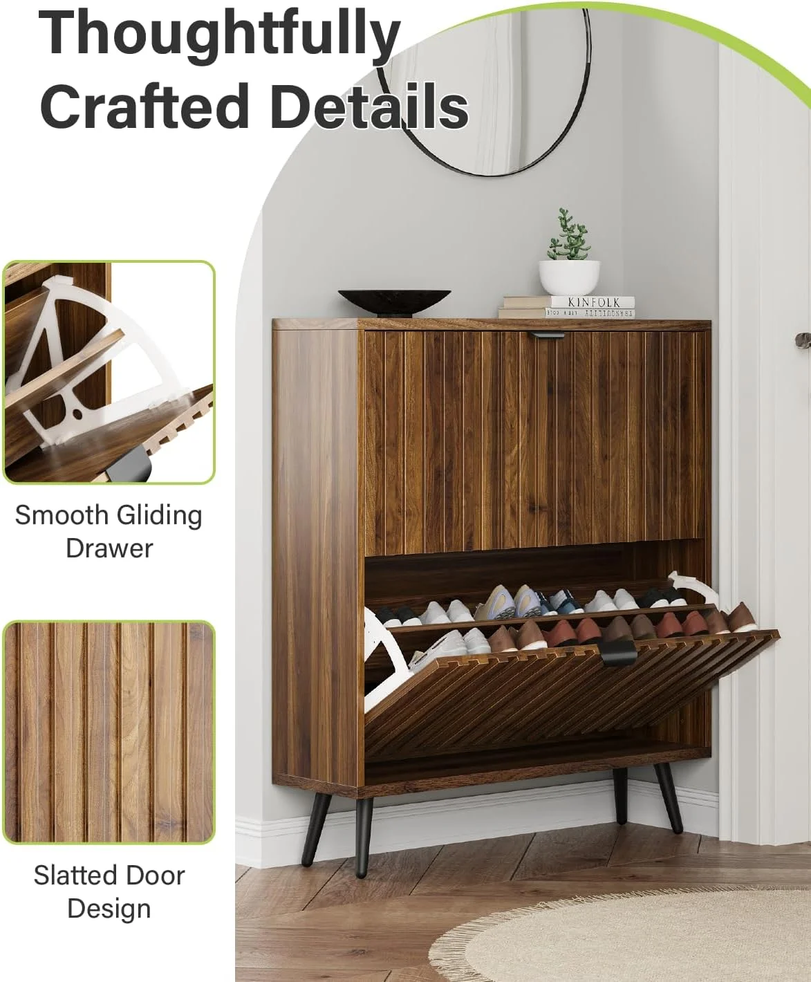 Smart FENDEE Shoe Cabinet with 2 Flip Drawers Freestanding 24 Pair Shoe Storage Cabinet for Entryway