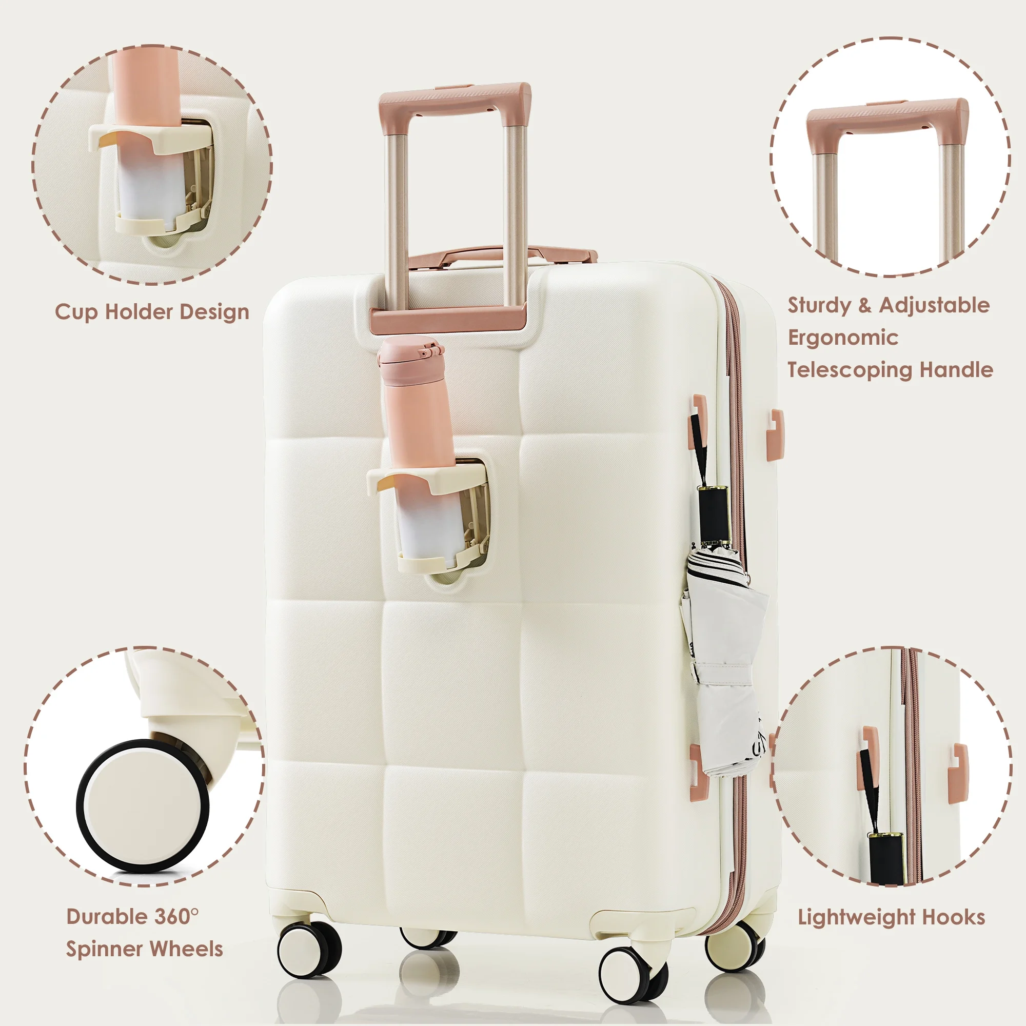 POWANLI 3PCS Luggage Set,20'' Luggage with USB Port, Airline Certified Carry-on Luggage set with Cup Holder, ABS Hard Shell Luggage with Spinner Wheels Beige+Gold