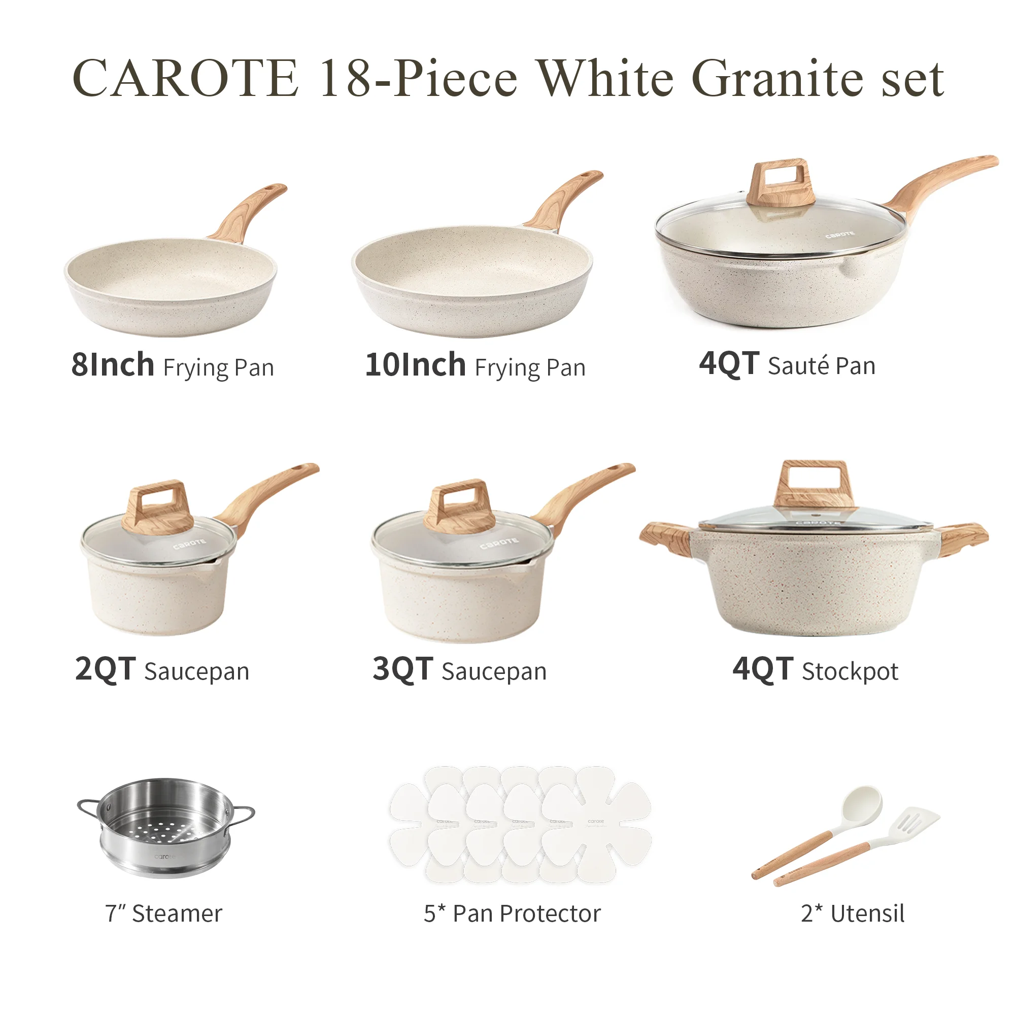 Carote Nonstick Pots and Pans Set, 18 Pcs Granite Kitchen Cookware Sets (White)