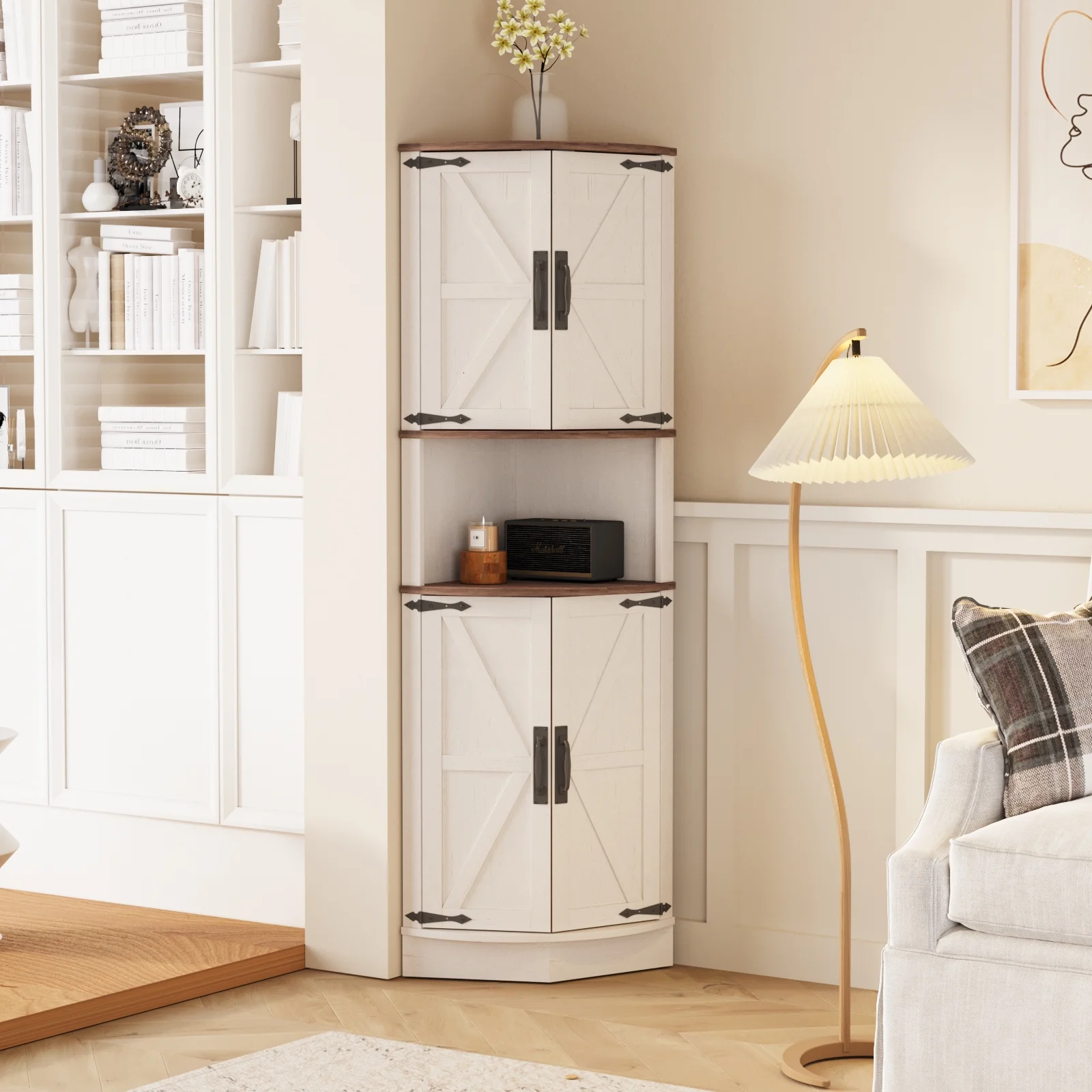 Vabches Farmhouse 64.8'' Tall Corner Cabinet with 4 Doors and 5 Storage Shelves for Kitchen, Living Room, White