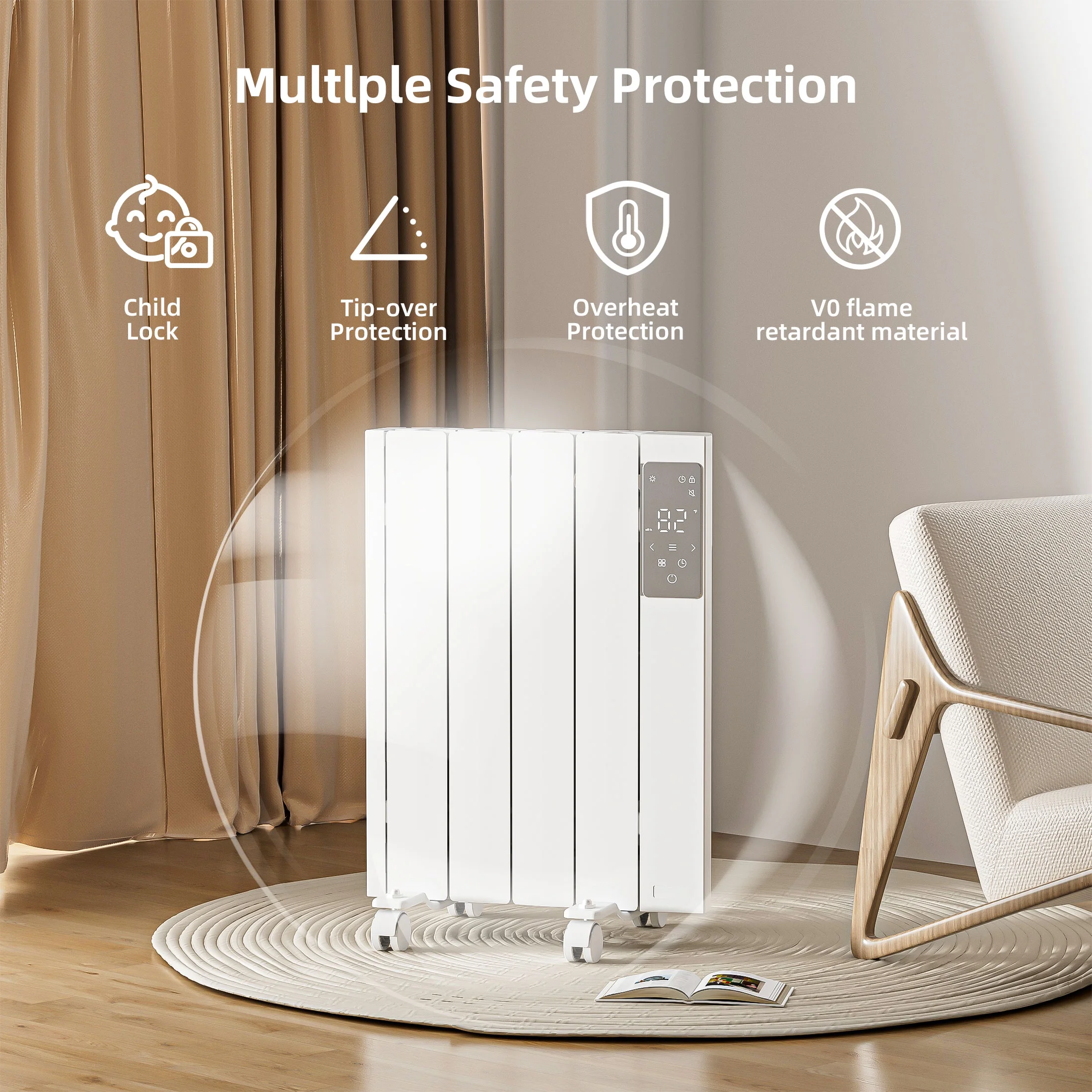 BREEZEHEAT 800W Panel Heater - Electric Wall/Freestanding Aluminium Radiator/LED Display, Adjustable Thermostat, Timer & Safety Protection for Indoor Use in Living Room/Bedroom