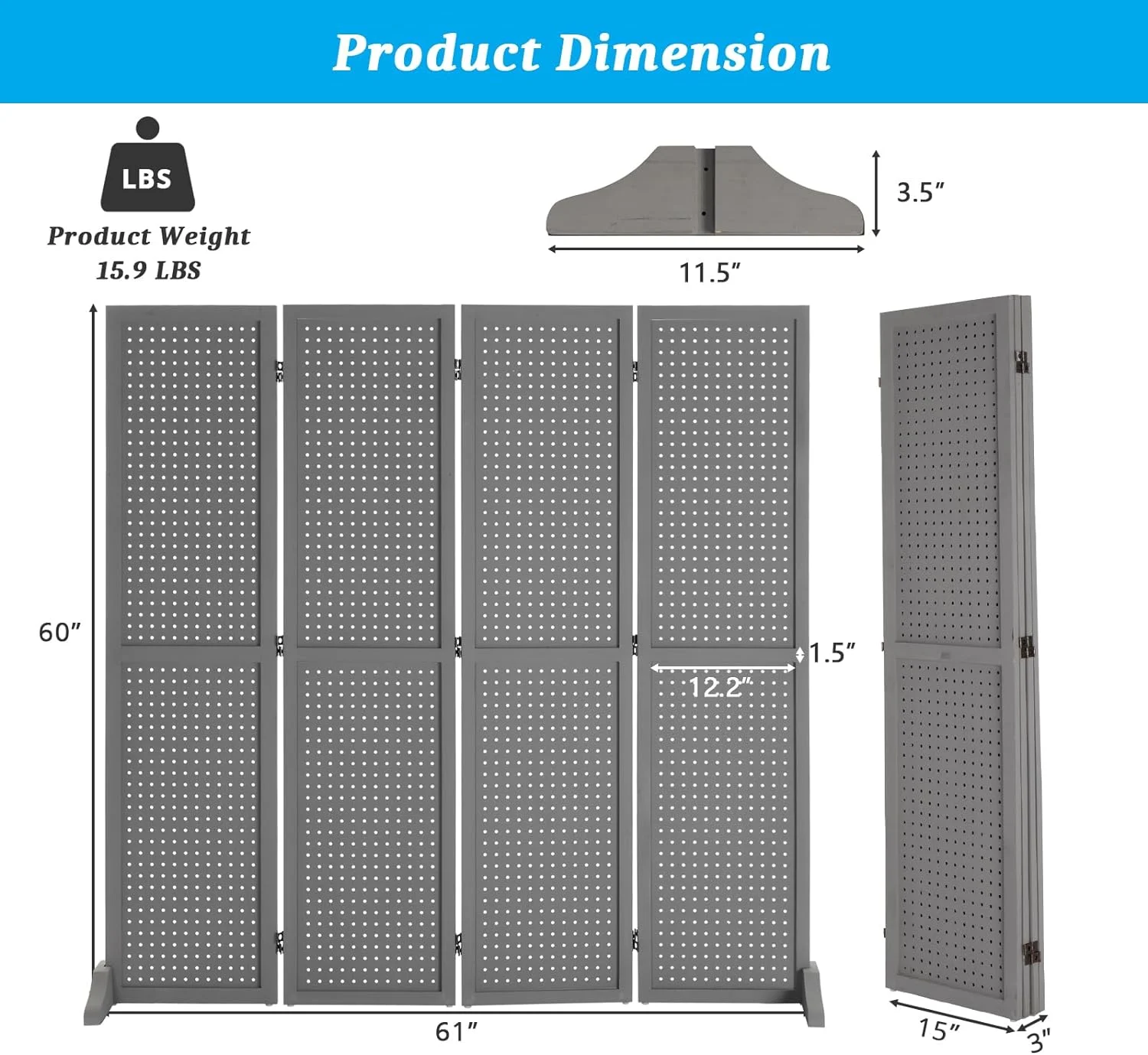 Bonnlo 4 Panel Pegboard Freestanding, 5 FT Portable Display for Craft Show Jewelry, Wooden Folding Room Divider