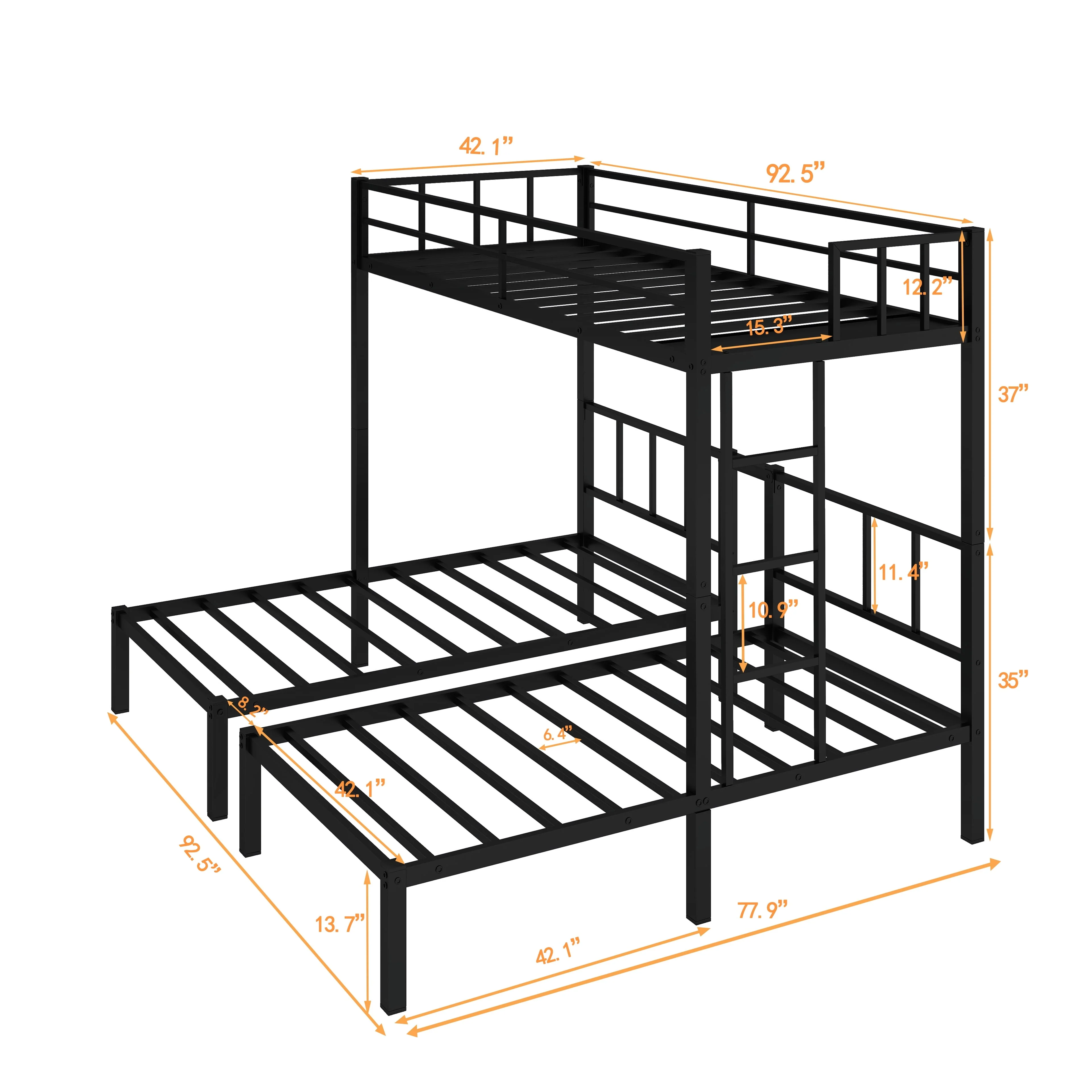 CITYLE Metal Triple Bunk Bed Twin over Twin over Twin, 3 Beds Bunk Beds 3-Tier Bunk Bed, Triple Metal Twin Bunk Bed for Kids Teens, Adults with Full-Length Guardrail and Ladder, Black