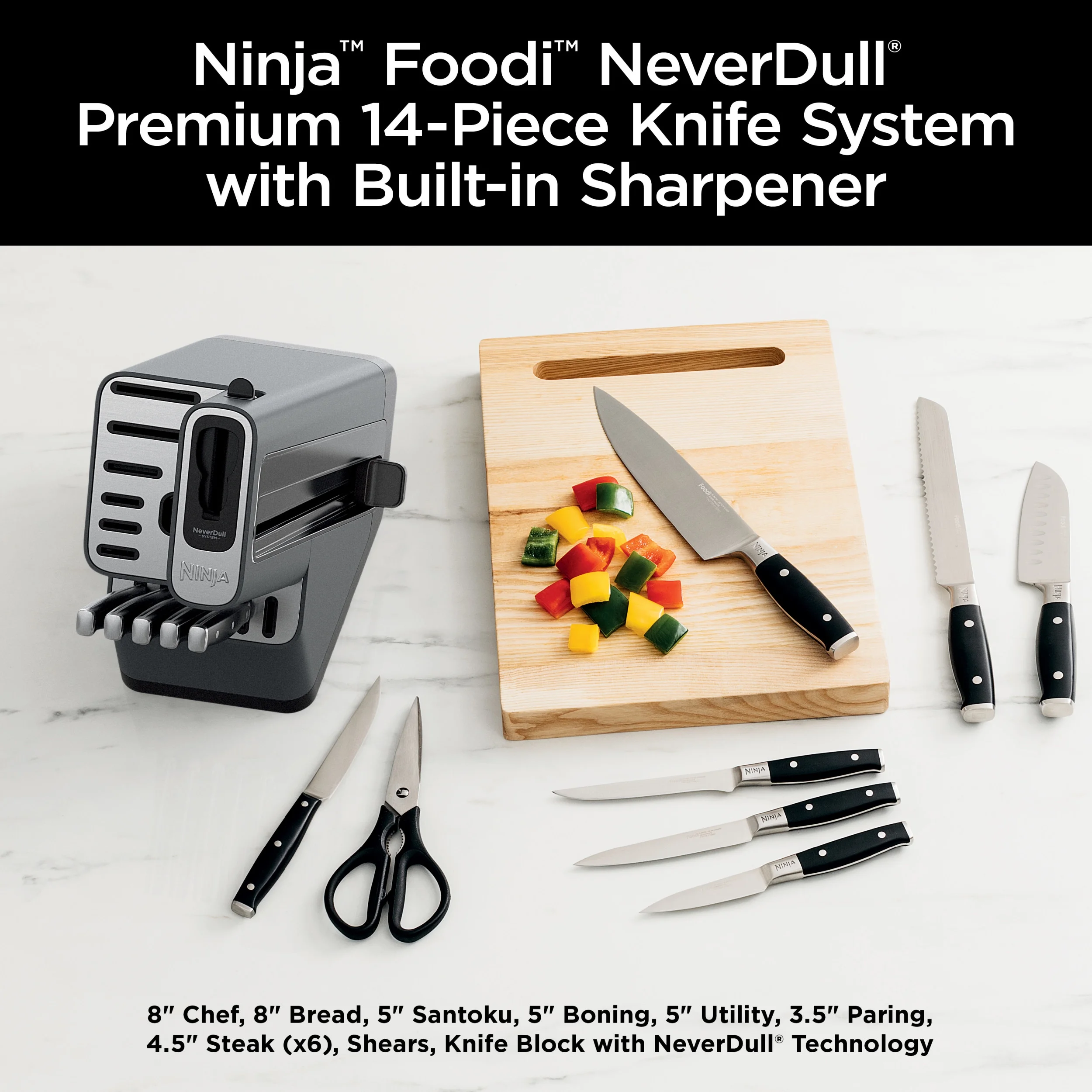 Ninja Foodi NeverDull Premium 14pc German Stainless Steel Knife System & Built-in Sharpener, K32014