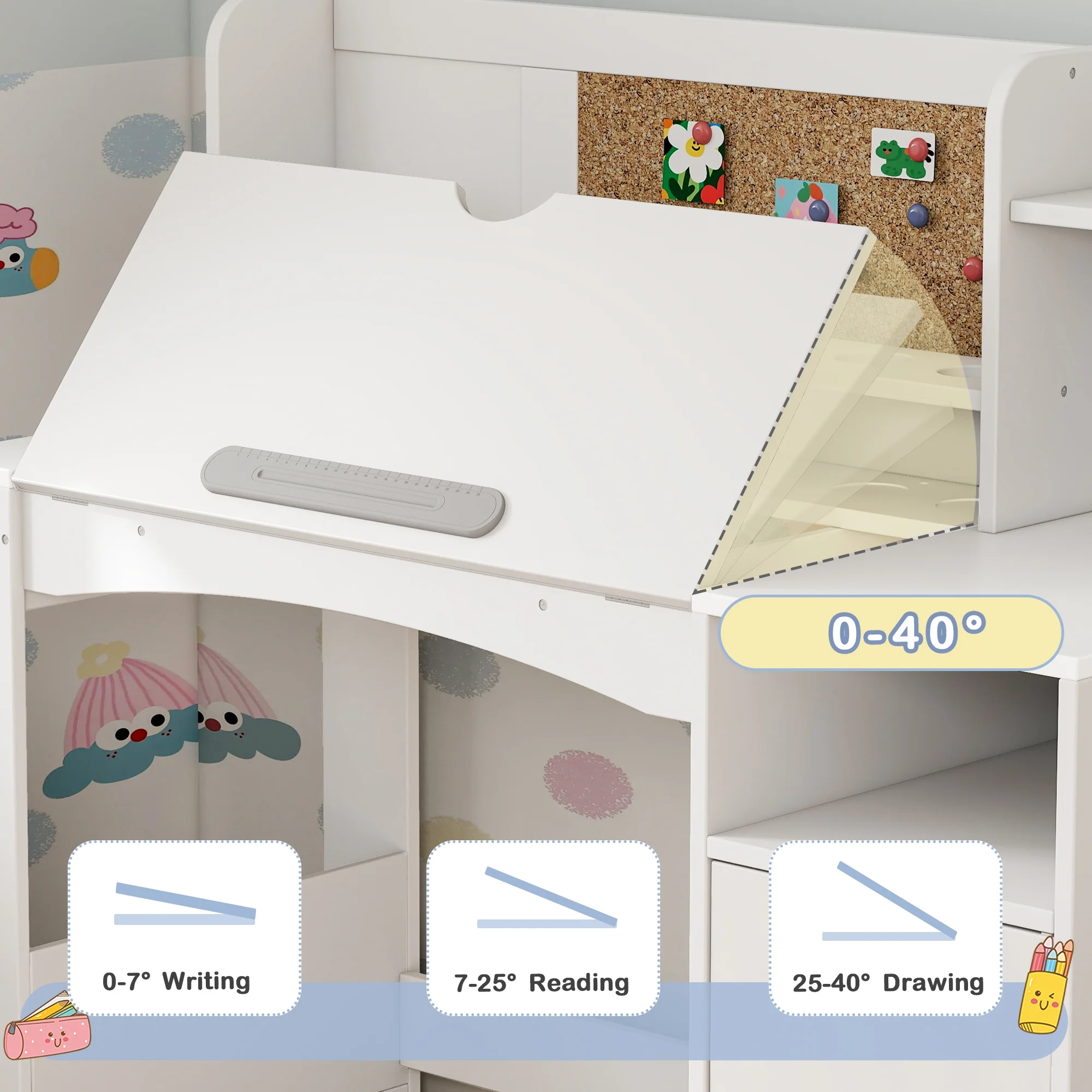 Reasea Kids Study Desk and Chair Set with Tiltable Desktop, Hutch & Storage - Wooden Writing Table for Ages 5-12,White