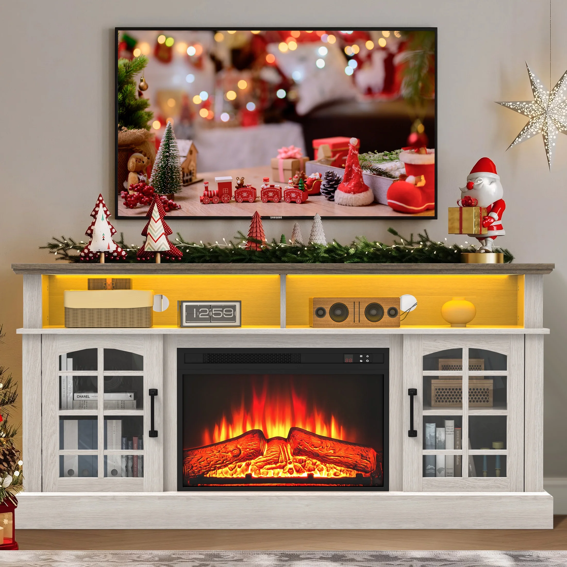 SESSLIFE Fireplace TV Stand for 65 Inch TV, TV Console with 24''Electric Fireplace, Console Entertainment Center Television Table for Living Room or Bedroom, White+Brown