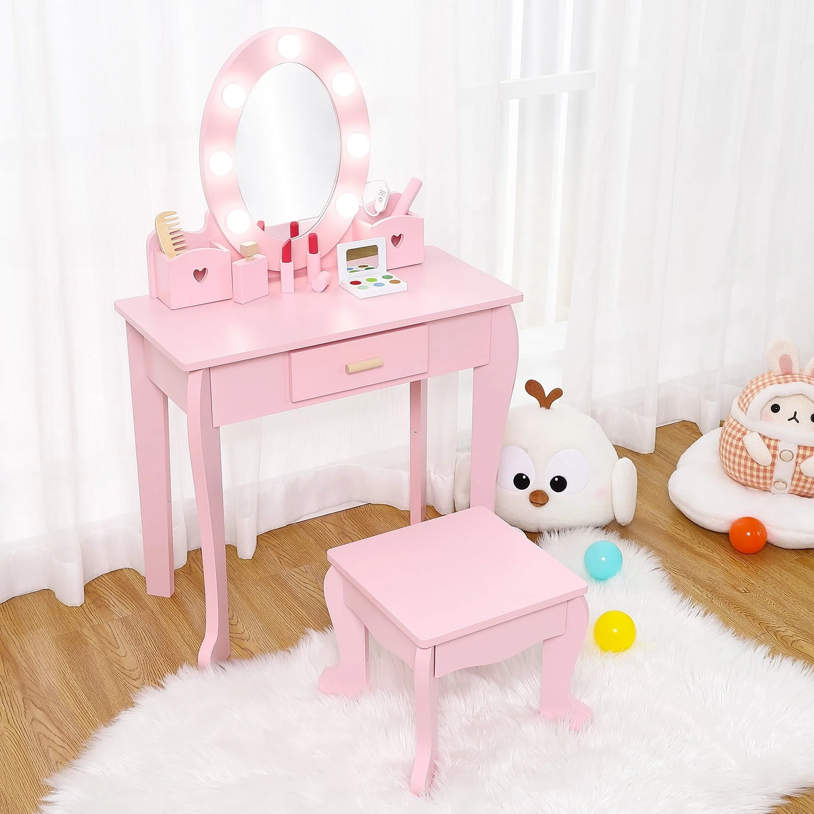 Girl Vanity Table and Chair Set, Kids Wood Makeup Dressing Table with Lights, Mirror, Drawer & Stool