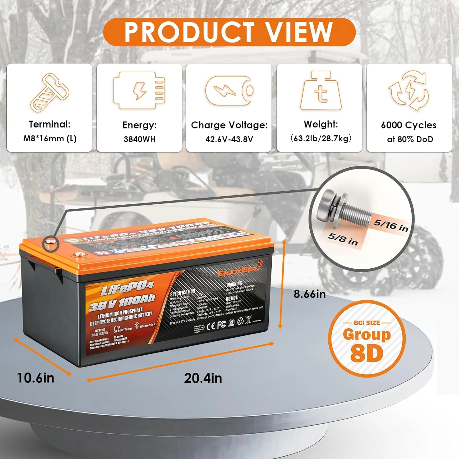 Enjoybot 36V 100Ah LiFePO4 Lithium Battery, Built-in 100A BMS and Bluetooth-Enabled, Low Temp Cut-Off Function and Peak Current 500A, 10 Years Lifetime Perfect  for Golf Cart, RV, Trolling Motor