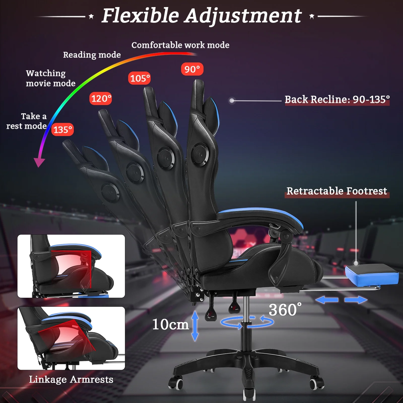 Hoffree Gaming Chair with Speakers PU Leather Office Chair with Footrest and LED Lights Ergonomic Gamer Chair with Massage Lumbar Support and Headrest Adjustable Swivel for Home Office 300lb