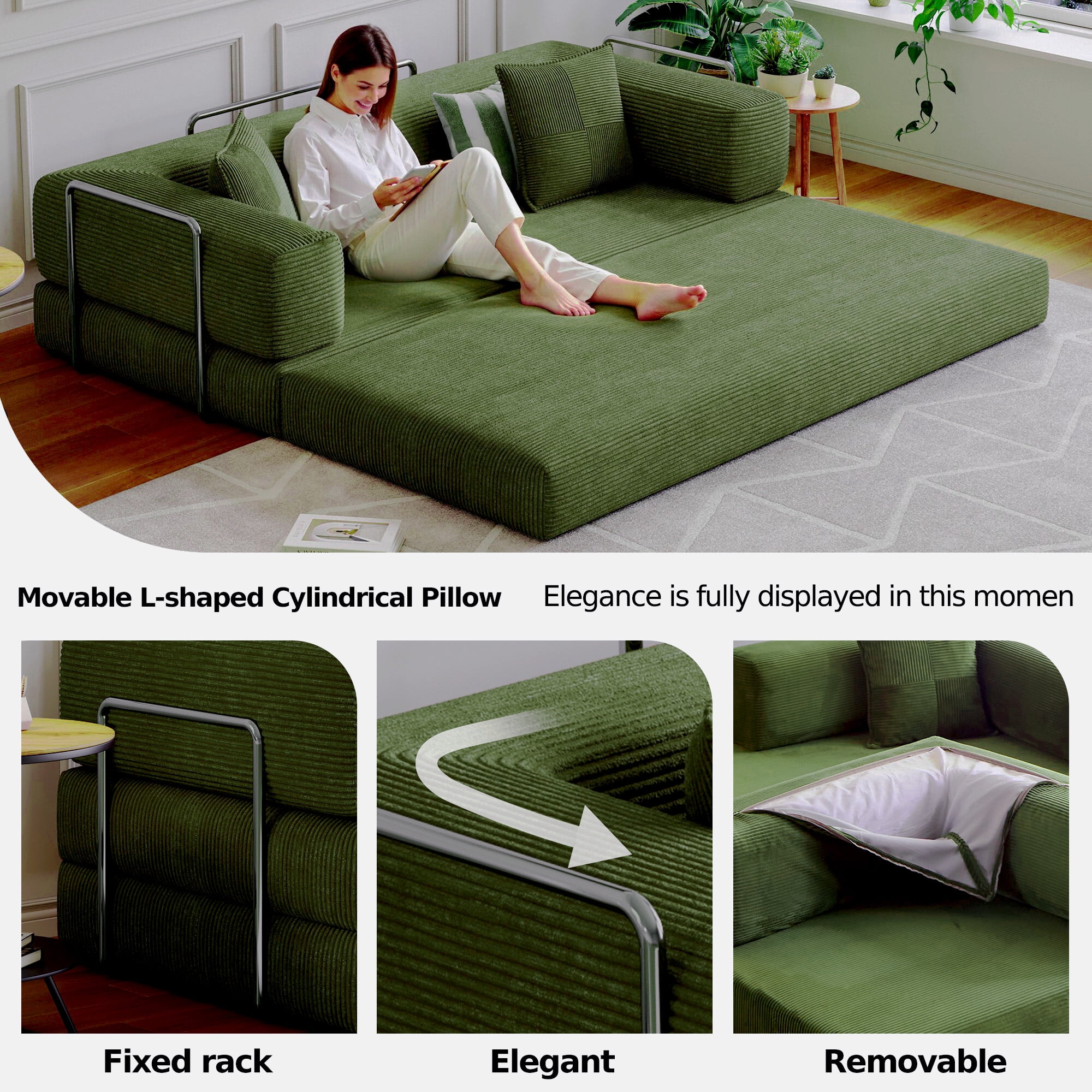 Convertible Sleeper Sofa Bed,Compressed Floor Boneless Couch,Modular Modern Corduroy Sofa for Living Room Bedroom -with Fixed-Shape Frame and Support Armrest,Easy Assembly(Green)