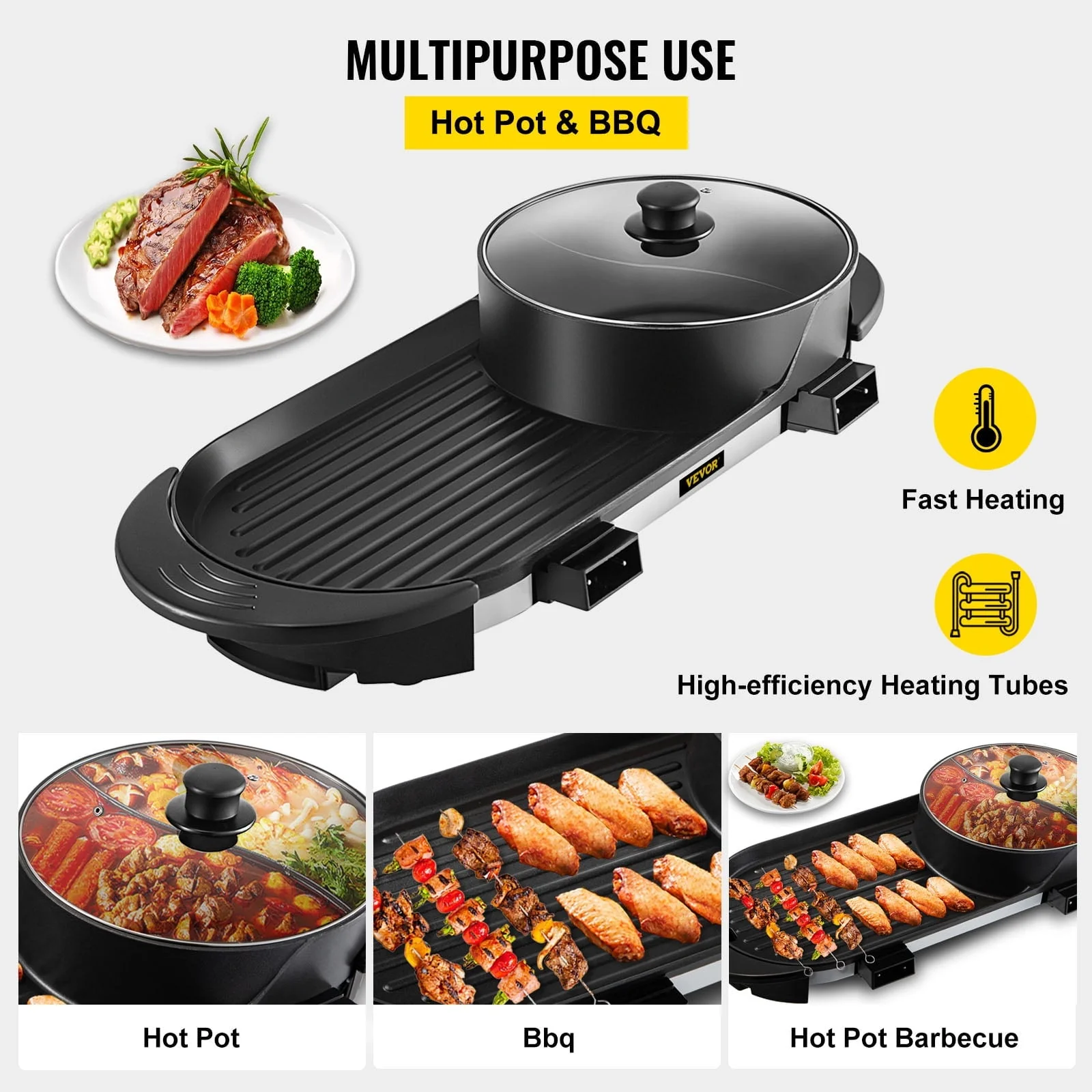 VEVOR 2 in 1 Electric Hot Pot and Grill, 2200W Separate Dual Temperature Control Electric Skillet, 5 Speed for Indoor Korean BBQ,Black