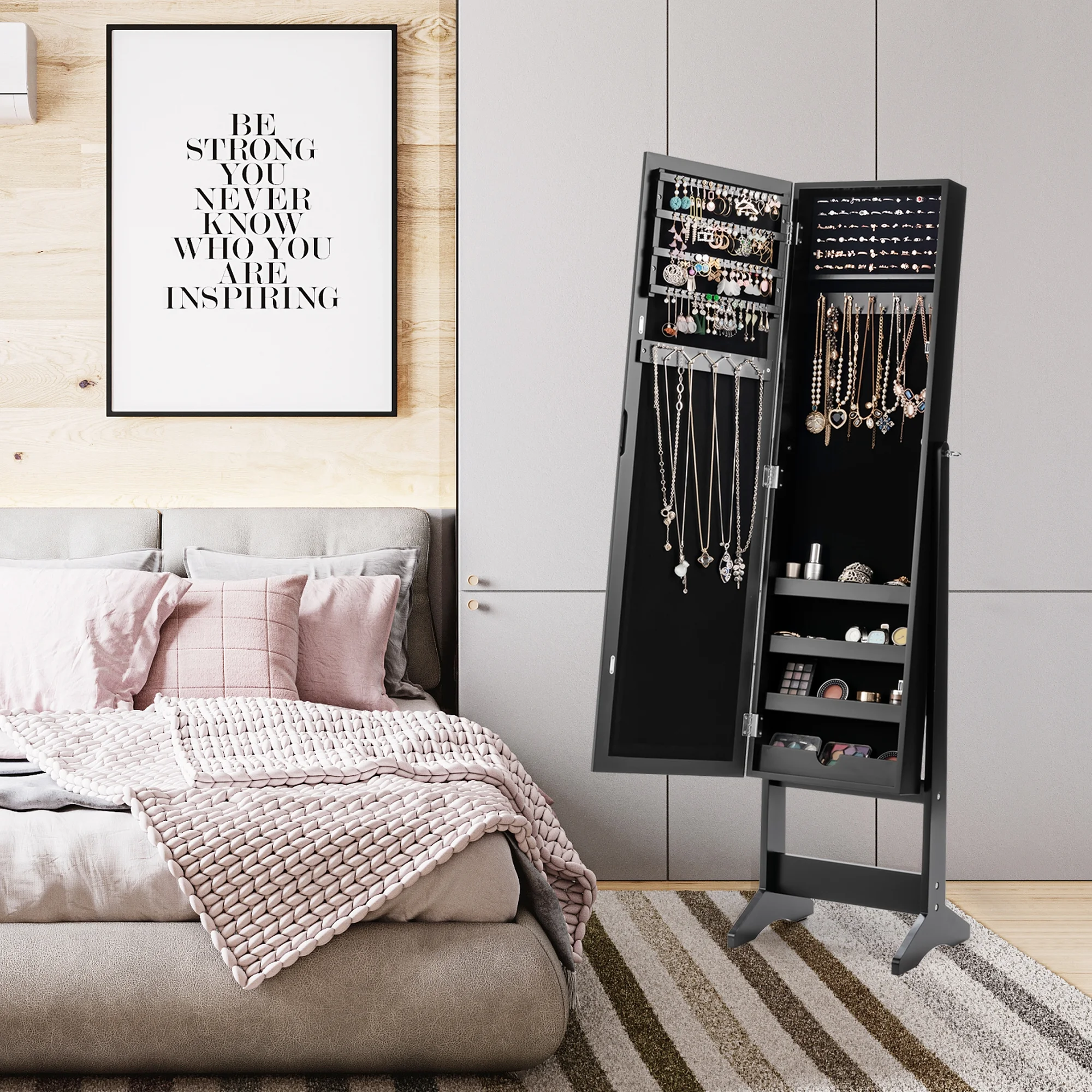 Costway Jewelry Mirrored Cabinet Armoire Organizer Storage Box w/ Stand Christmas Gift