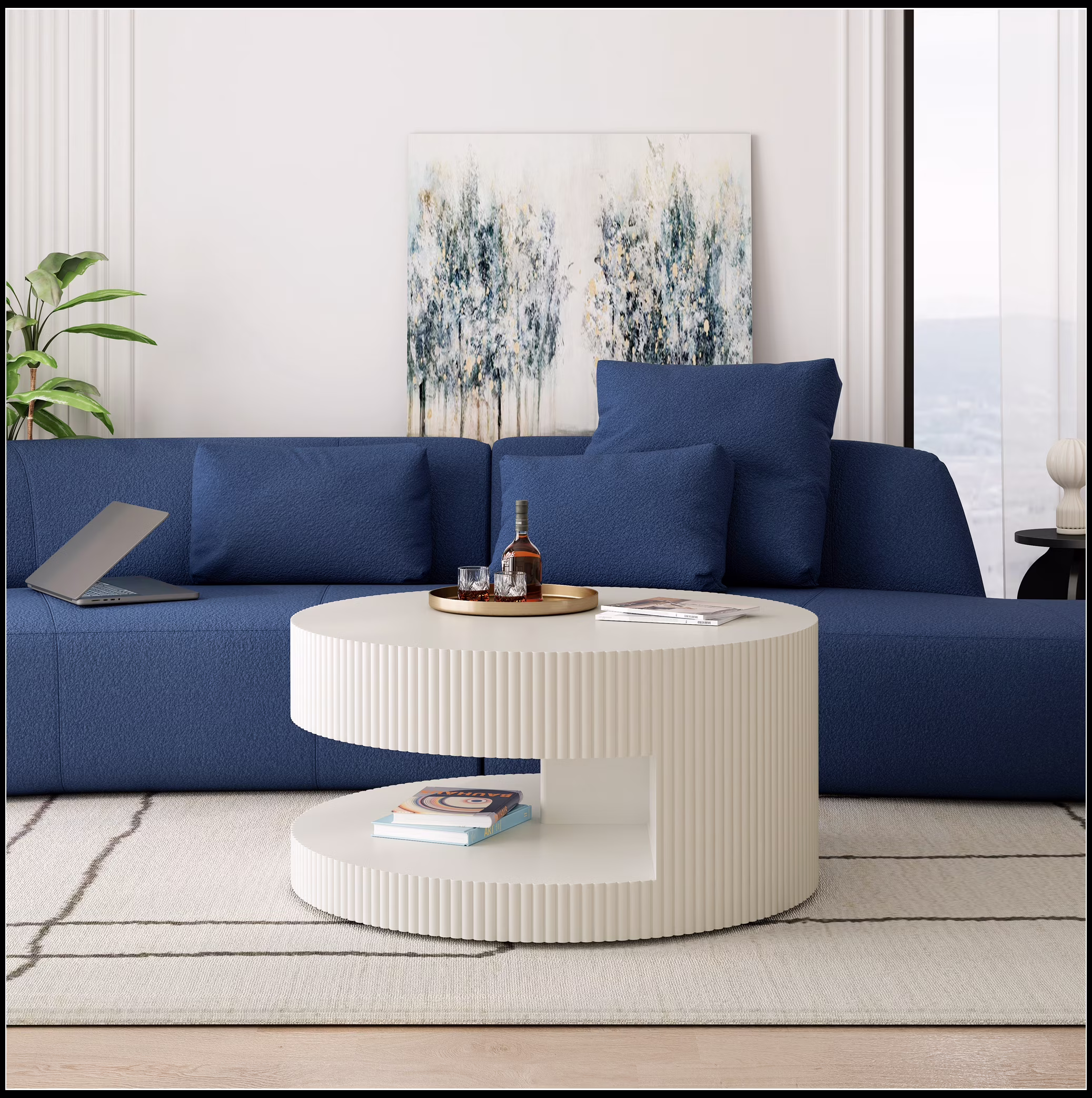 31.5'' Round Coffee Table,Modern Center Table with Storage,Vertical Stripe Design Coffee Table